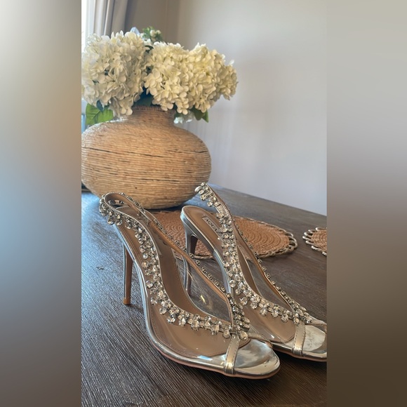 Aquazzura Crystal Temptation embellished metallic leather PVC slingback Heels - Picture 1 of 13